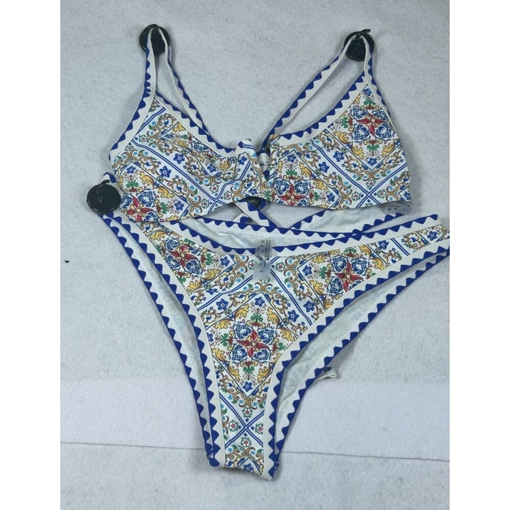 BIKINX Women’s Bikini Set L Blue White Tile Print High Cut Swimwear